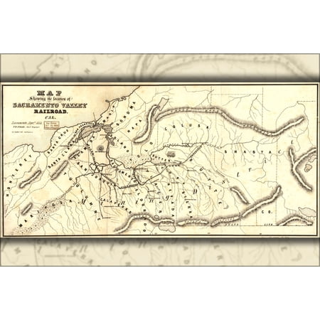 24"x36" Gallery Poster, Map Sacramento Valley Railroad california 1854