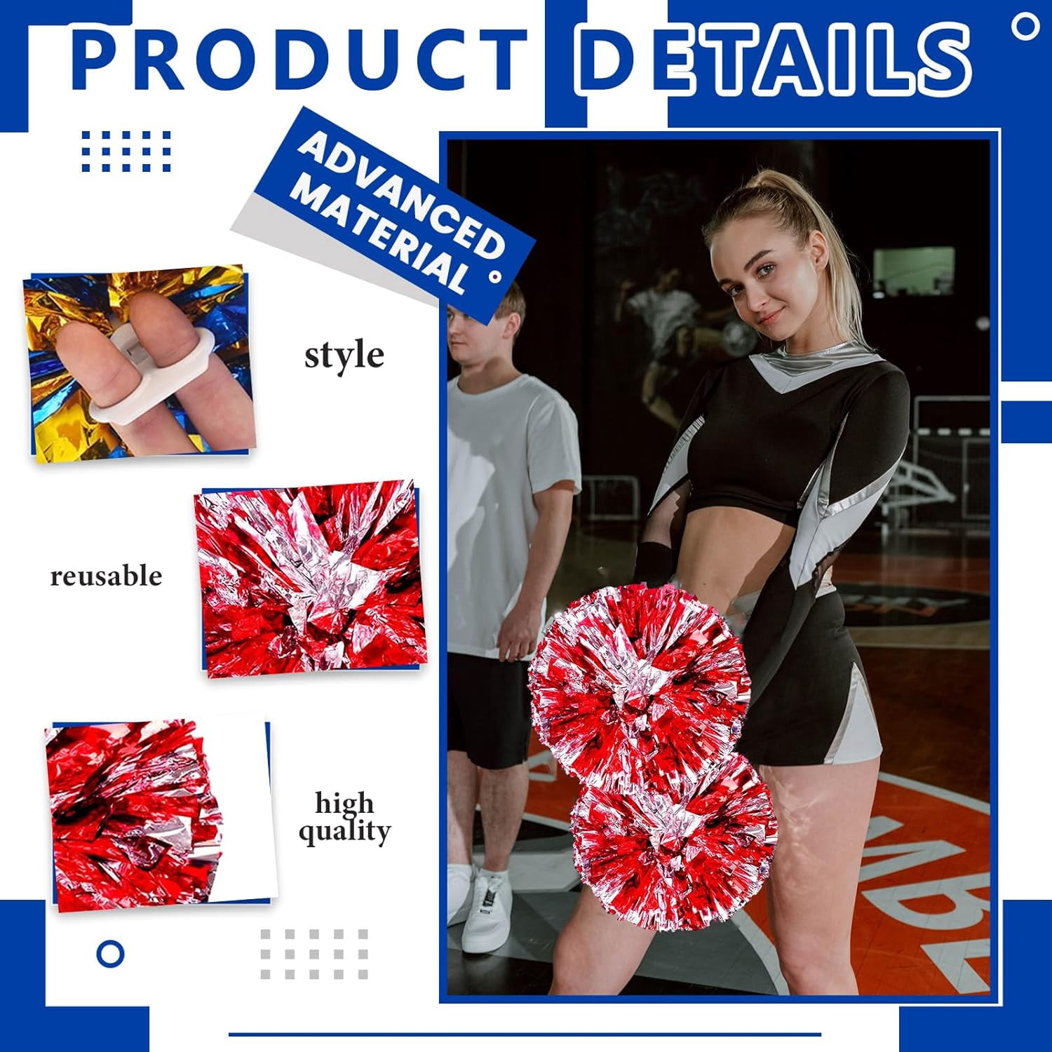 8 PCS Metallic Cheerleading Pom Pom for Team Spirit Sports Dance Cheering Kids Adults-Ring Style