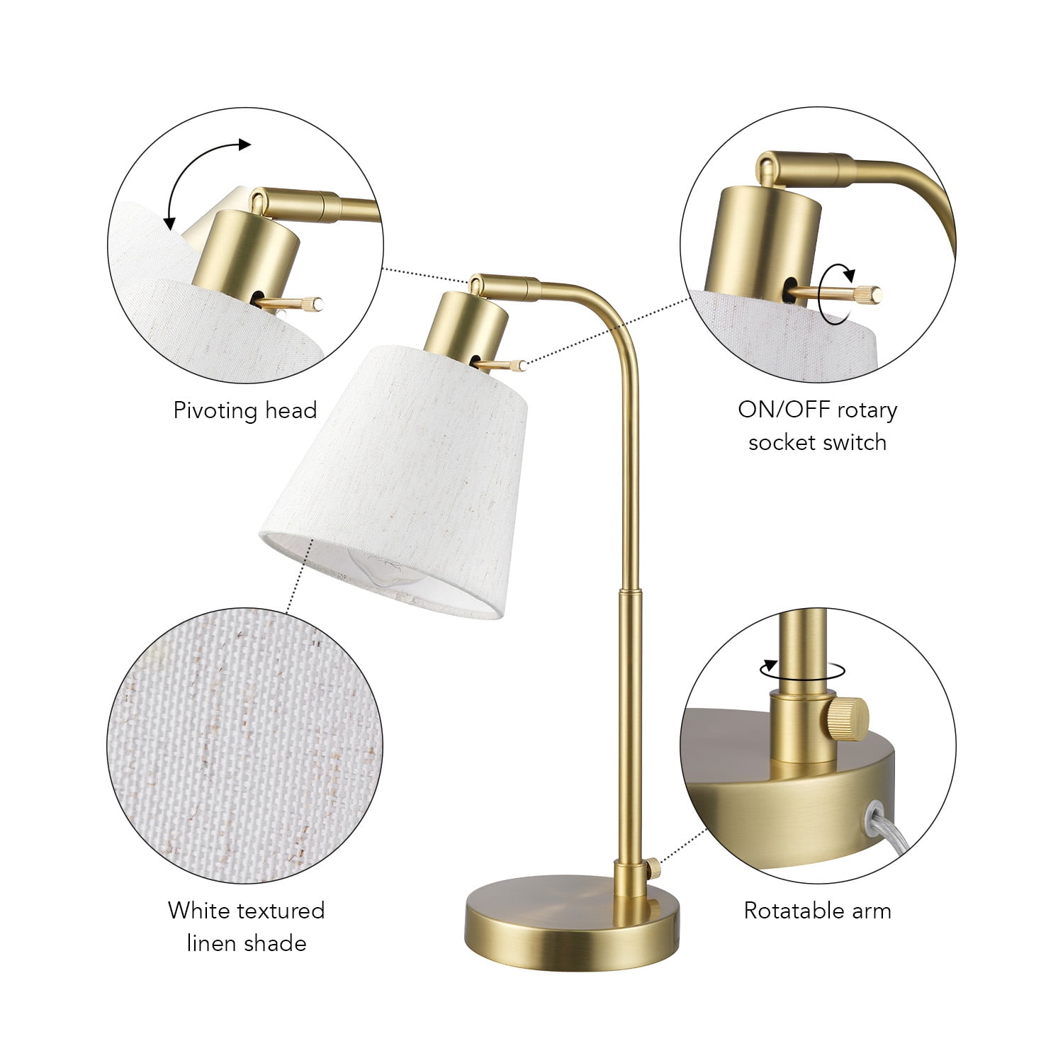 Globe Electric 16" Matte Brass Desk Lamp with White Linen Shade, Modern Style, 91006814