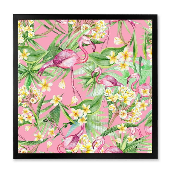 Designart 'Yellow Flowers, Tropical Foliage With Flamingo III' Modern Framed Art Print