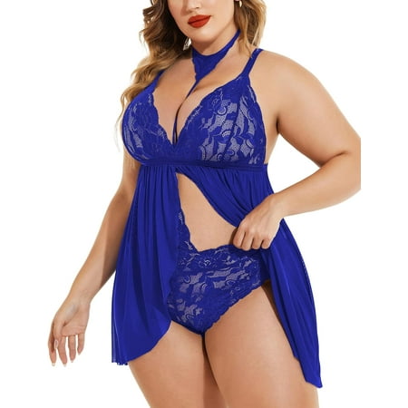 SUCS Plus Size Lingerie for Women Sexy Lace Babydoll Mesh Choker Sleepwear L-5XL