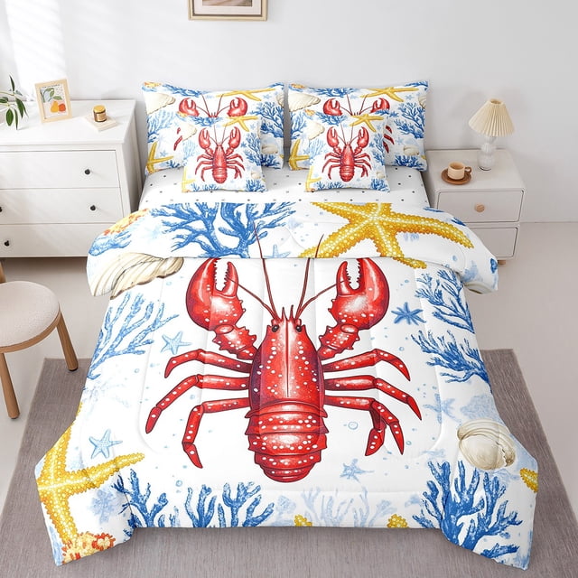 Erosebridal Literie Homard Dessin Animé Format Grand, Accessoires de Literie Océan Corail Étoile de Mer, Réversible 7 Pcs