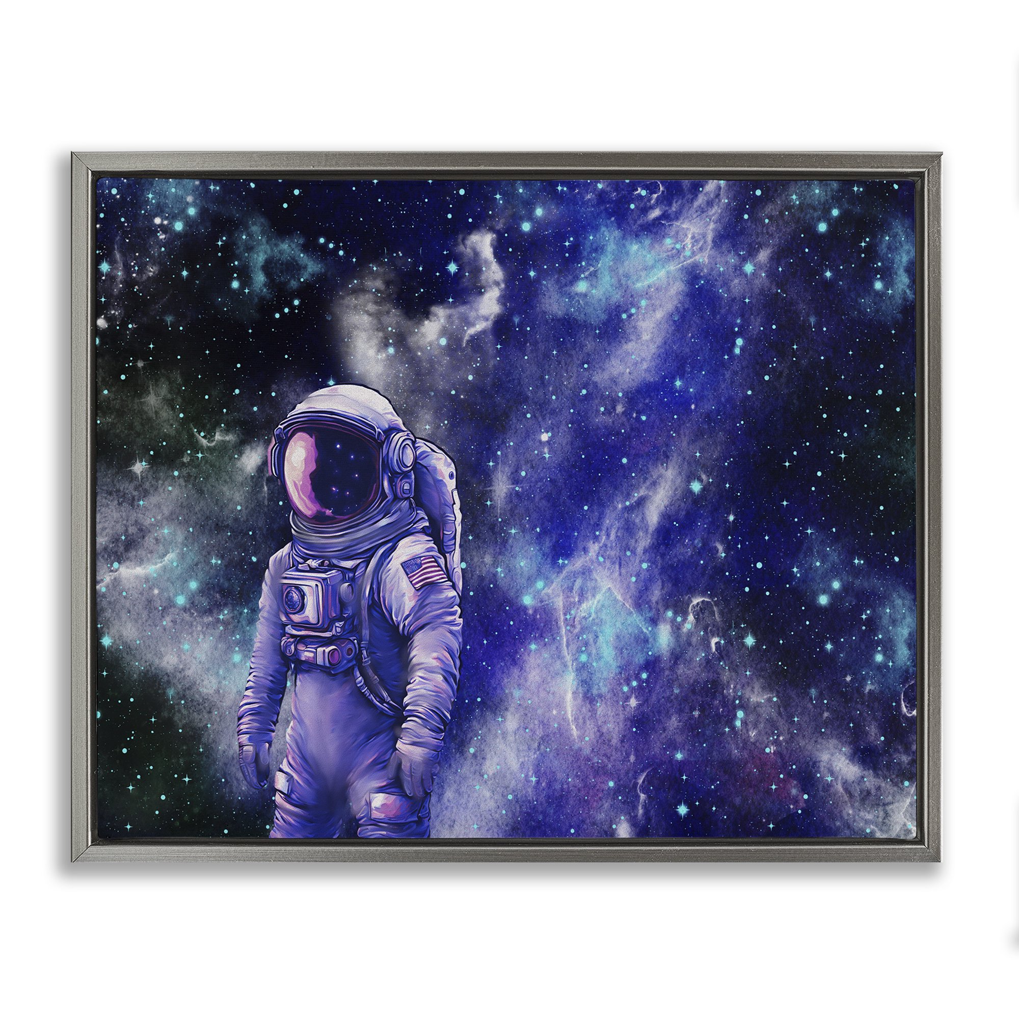 Stupell Industries Astronaut with Blue Nebula Outer Space Painting Gray Floater Framed Canvas Art Print Wall Art 21 x 17