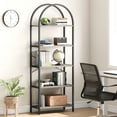 thumbnail image 4 of Modern Arched Bookshelf – 5-Tier Tall Standing Open Bookcase – Metal Frame, Wood Display Rack – Large Storage Shelf – Perfect for Bedroom, Living Room – Contemporary Book Storage Furniture, 4 of 8