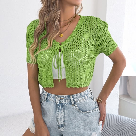 Babysbule Women's Short Sleeve Tie Front Crochet Crop Cardigan, Lightweight Open Knit Cover Up with Heart Pattern for Summer