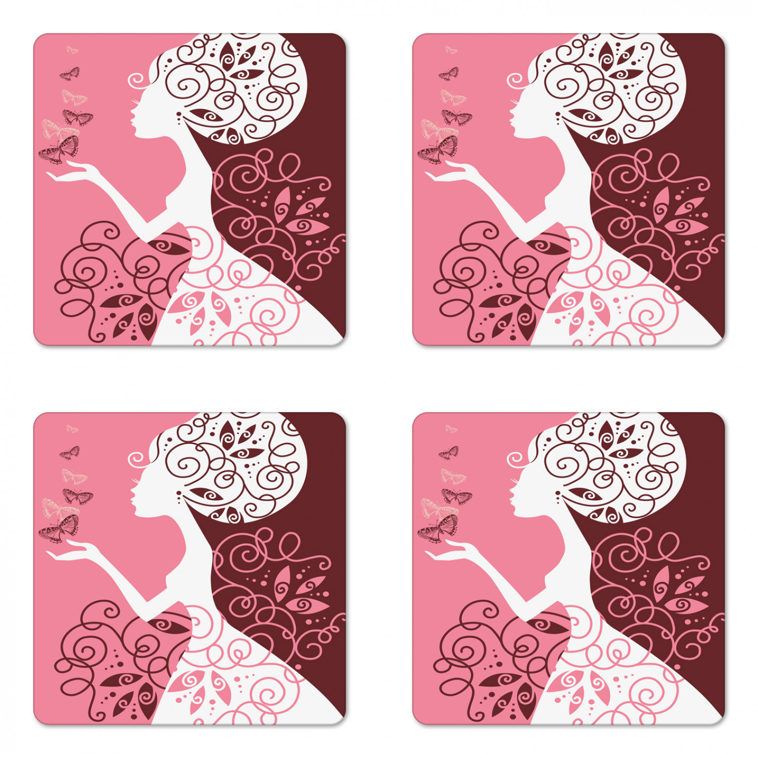Pink Coaster Set Pink Coaster Set of 4, Drawing Girl with Butterflies Floral Ornaments ...