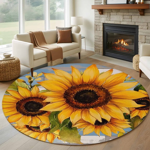 Sunflower Round Rug 5ft Washable Circle Kitchen Rugs Non Slip Modern Oil Painting Summer Botanical Large Area Rug Indoor Floor Carpet for Bedroom Living Room Home Office Dining Room Nursery