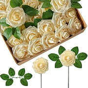 InnoGear Artificial Roses, 50 Pcs Cream Fake Roses with Stems Faux Artificial Flowers for Decoration DIY Wedding Bouquets Centerpieces Bridal Shower Party Flower Arrangements Christmas Cream