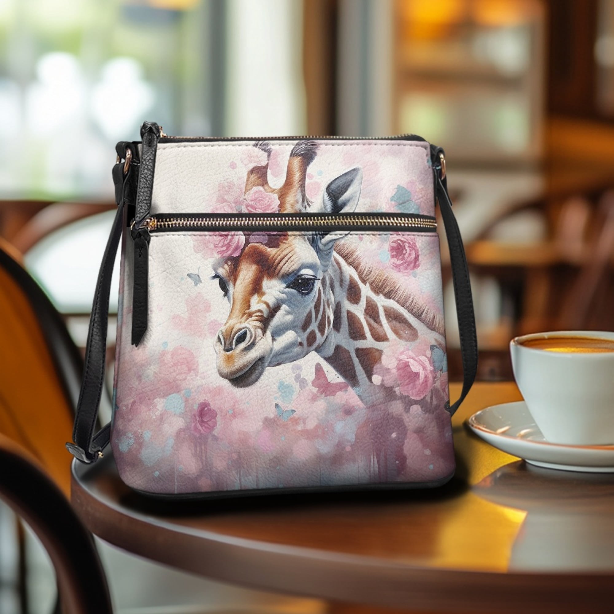 Kuiaobaty Giraffe Flower Print Crossbody Bag for Women Waterproof, Casual Vegan Leather Crossbody Purse with Adjustable Strap, Large Capacity Hobo Handbag for Travel, Work & Shopping
