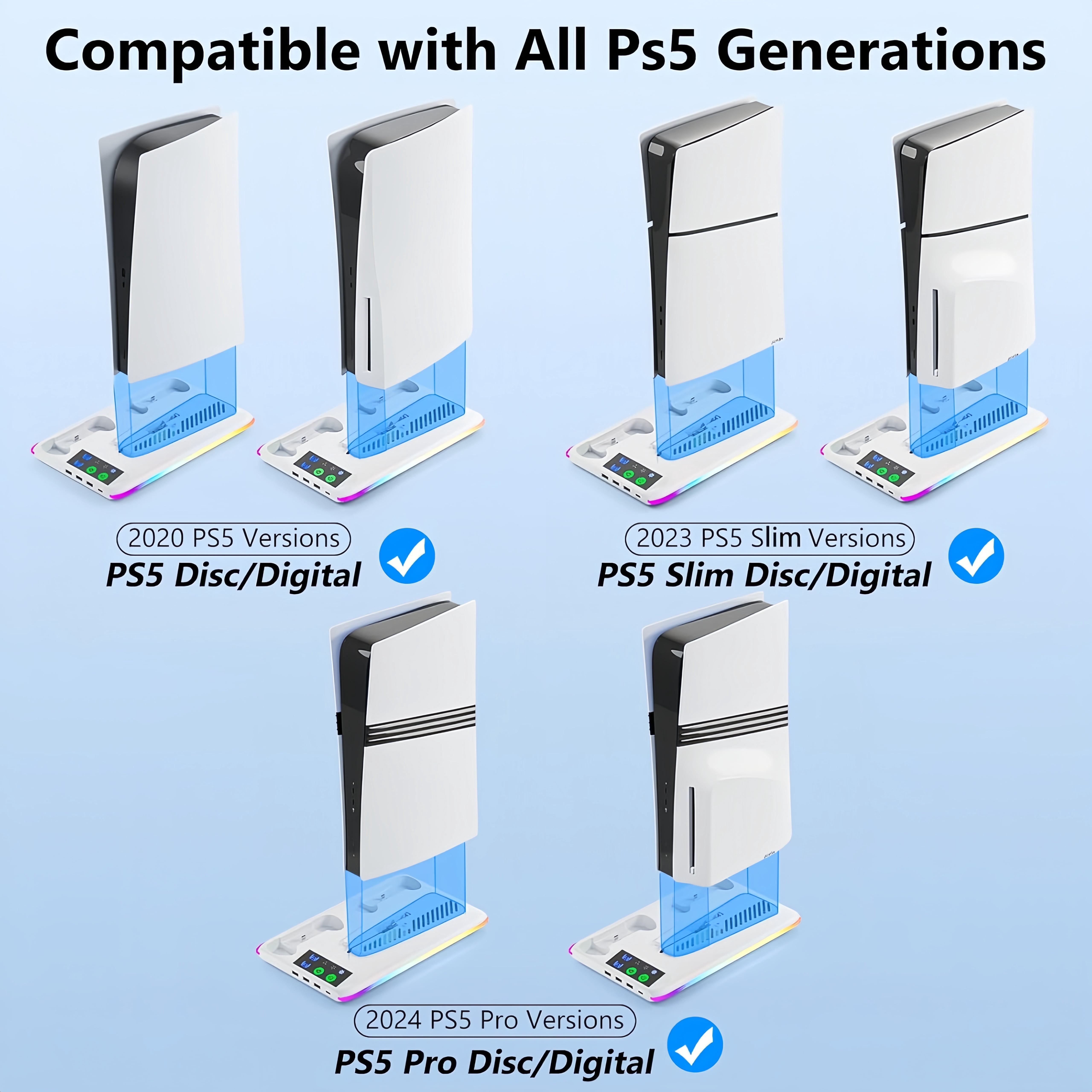 PS5 Cooling Stand with Dual Controller Charger, RGB Cooling Station for PS5/PS5 Slim/PS5 Pro Disc & Digital, 3-Speed Fan, 3 USB Ports, Headset Holder