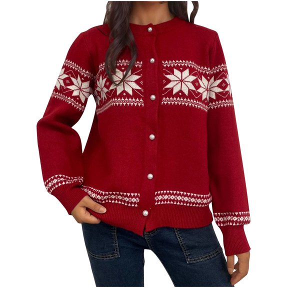 ZQUUVOU Women's Cardigan Sweaters Winter Snowflake Embroidered Jacquard Button Up Cardigan Long Sleeve Knit Sweater Coat Red