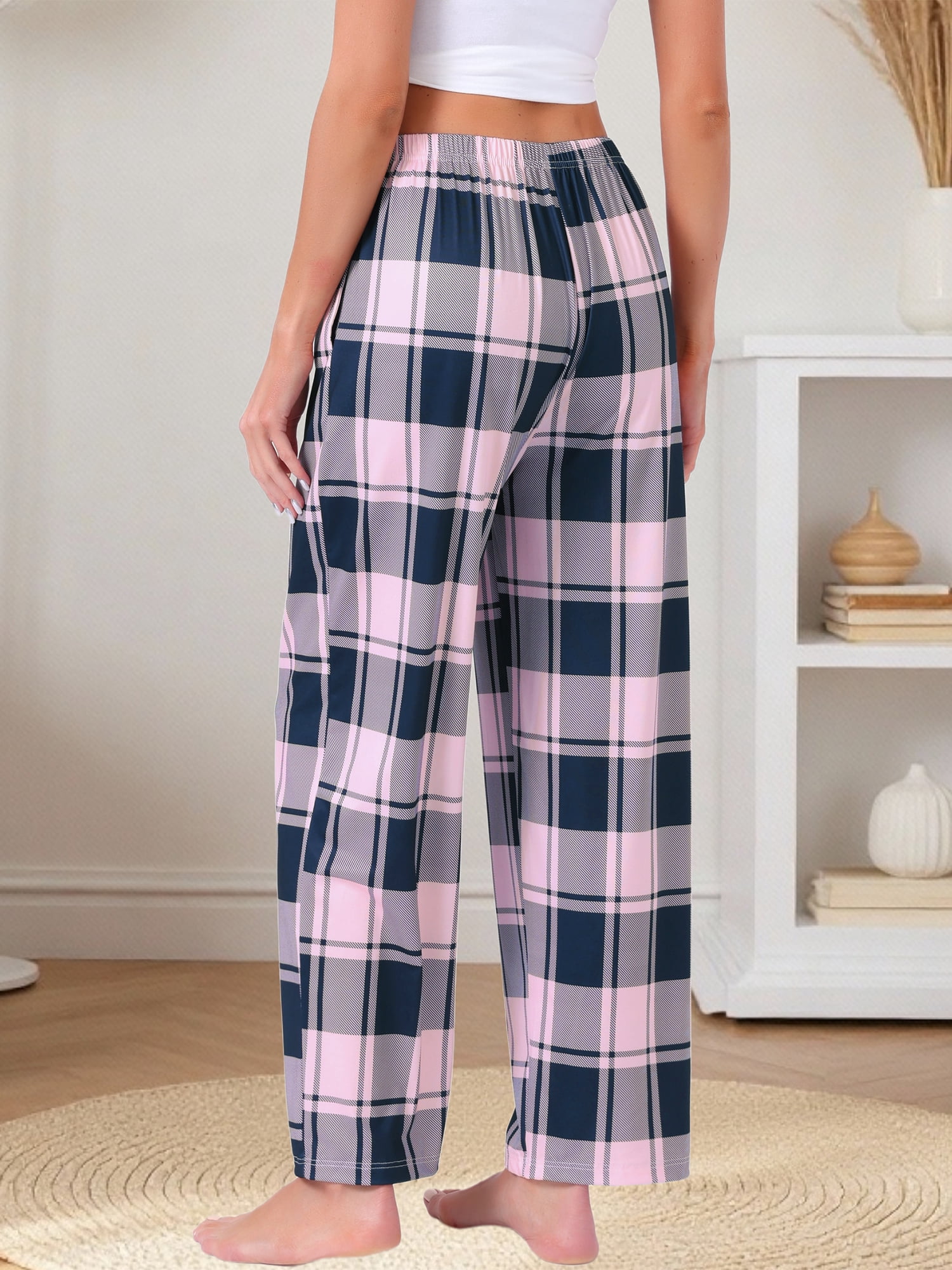 DARING DIVA Women's Wide Leg Knit Sweatpants with Elastic Waist L Pink Plaid