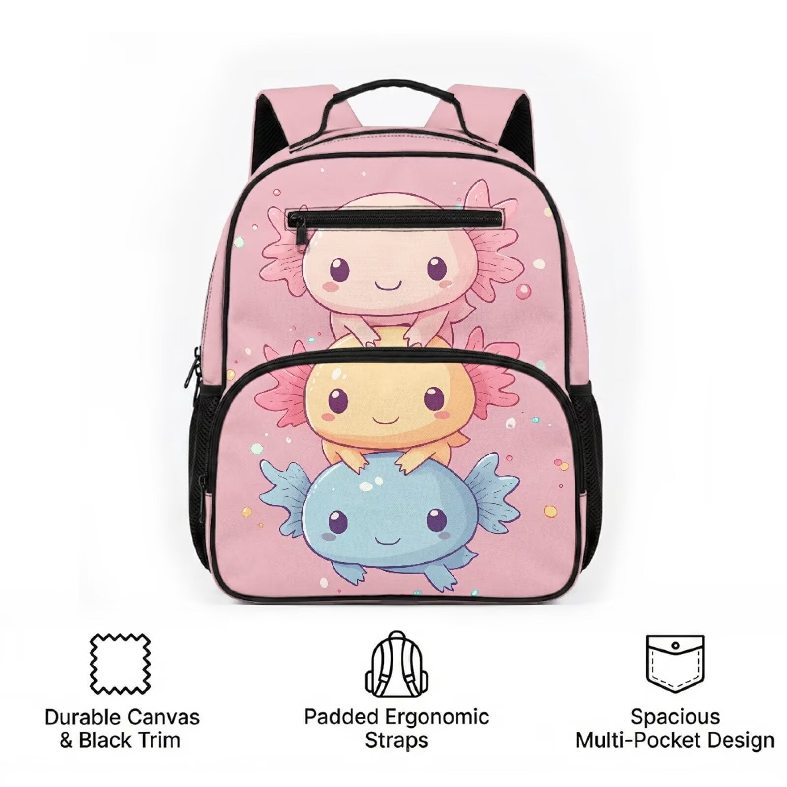 Pzuqiu Pink Cute Axolotl 13.5 Inch Toddler Backpack for Girls Preschool, Water Resistant Soft Padded Breathable Kids Bookbag with Multi Pockets for Kindergarten Casual Daypack