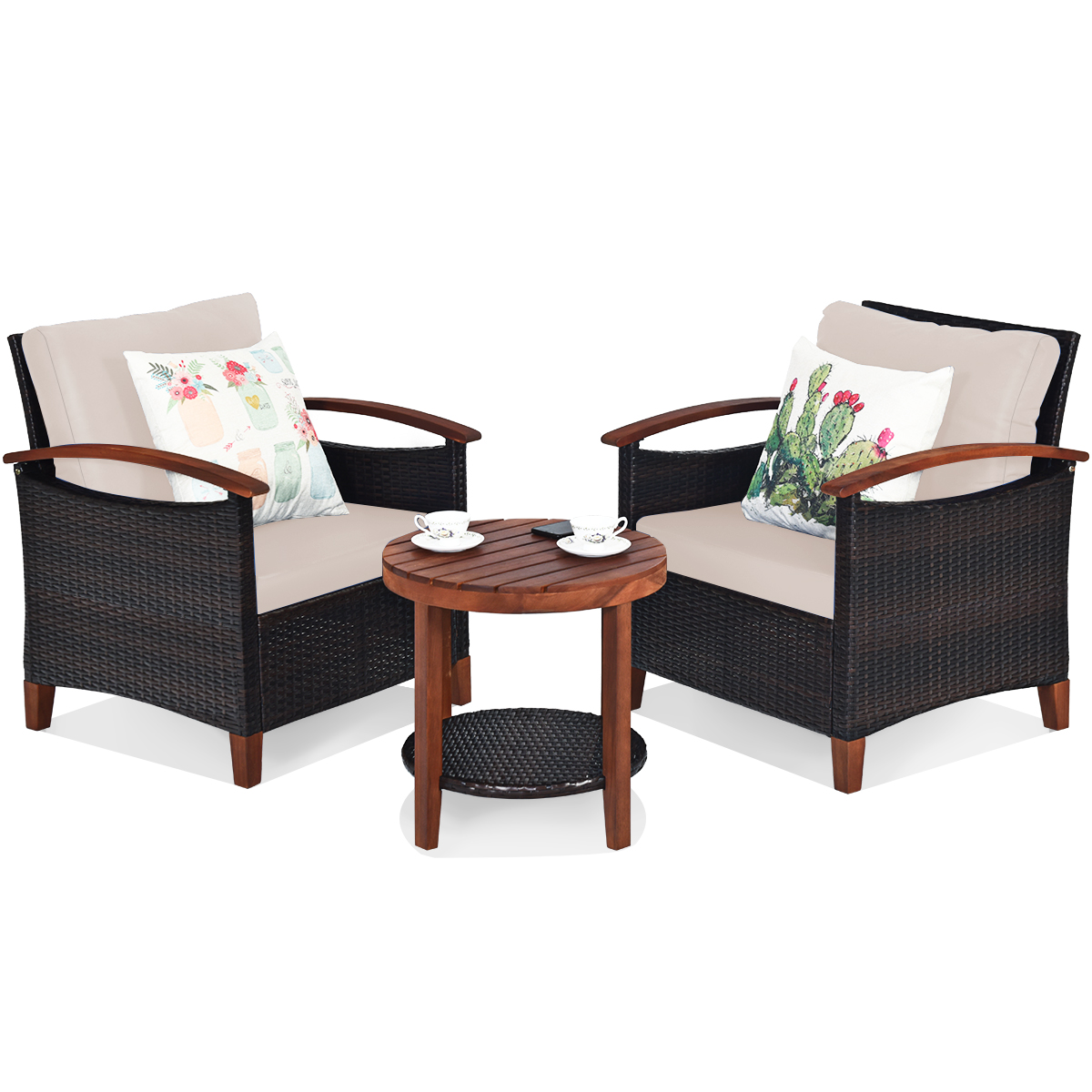 Patiojoy 3-Piece Patio Rattan Bistro Set Acacia Wood Frame Sofa and Side Table Beige - image 5 of 6