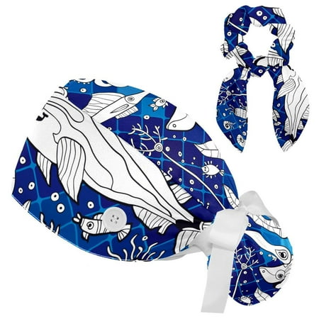 

Working Cap with Buttons and Sweatband Scrub Hat Bouffant Caps with Scrunchie Octopus Tie Back Hats