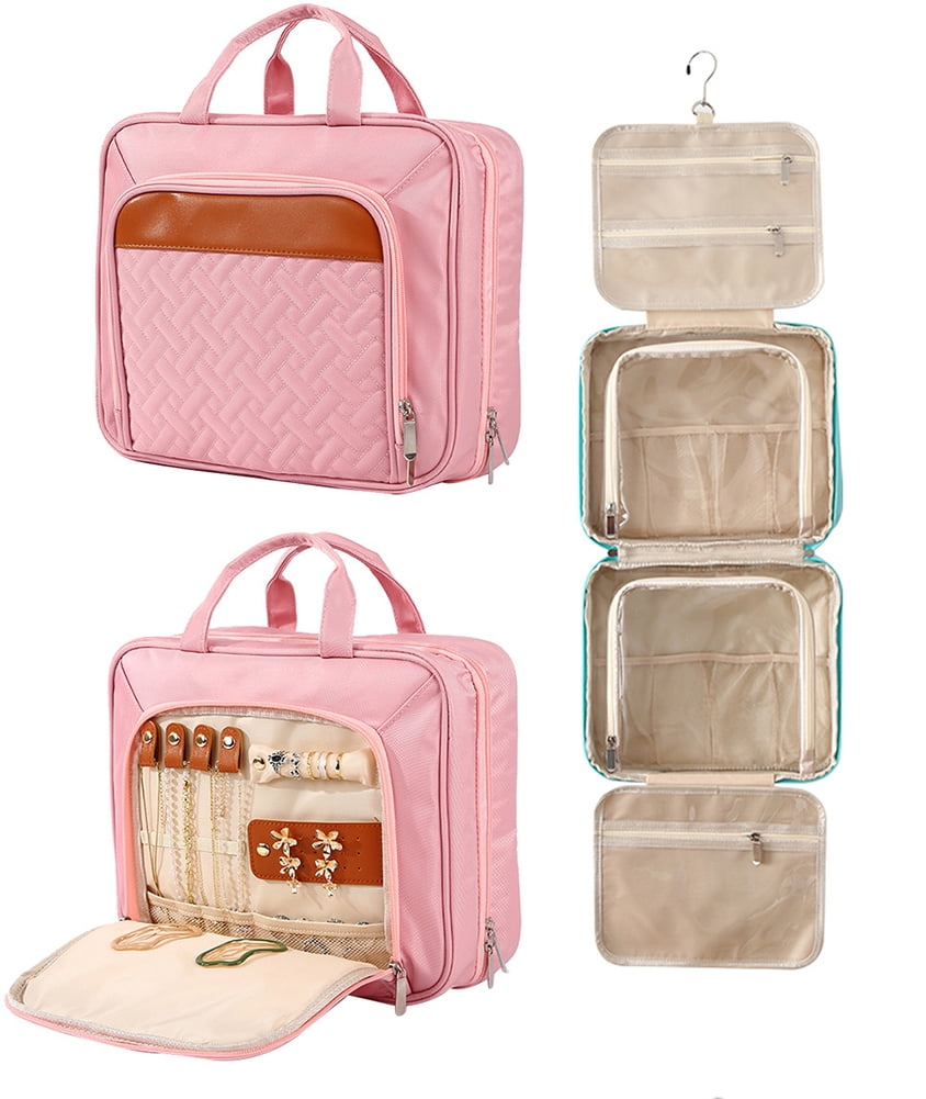Travel Hanging Toiletry Bag, Jewelry Organizer with Dry Wet Separation, Large Capacity Cosmetic Bag with Trolley Strap, Foldable Hanging Design for Travel & Home