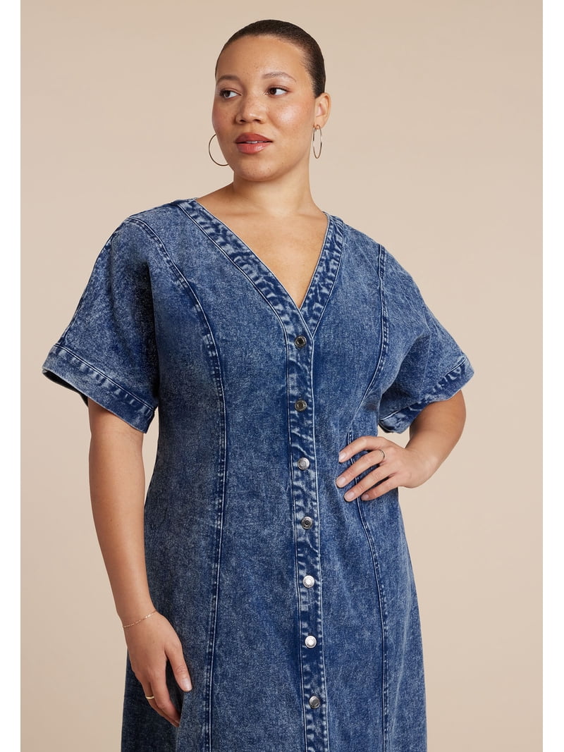 ELOQUII Women's Plus Size V Neck Flare Denim Dress