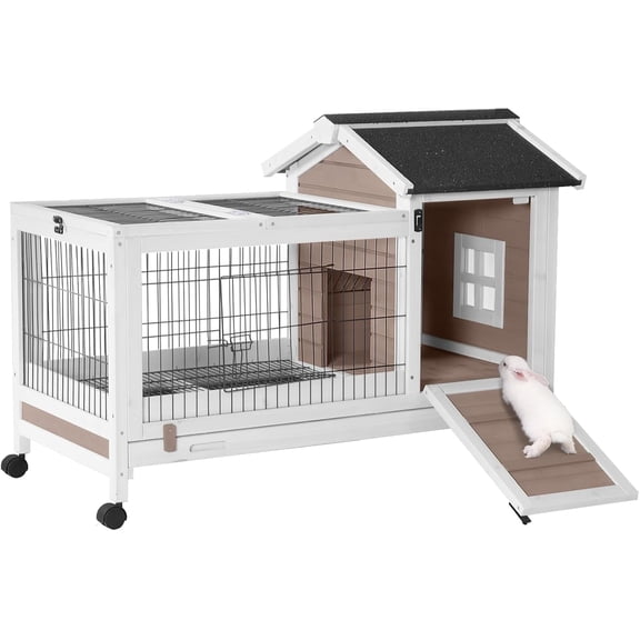 Aivituvin Rabbit Hutch Indoor Bunny Cage Outdoor Bunny House with Wire Floor Leakproof Plastic Tray, Brown