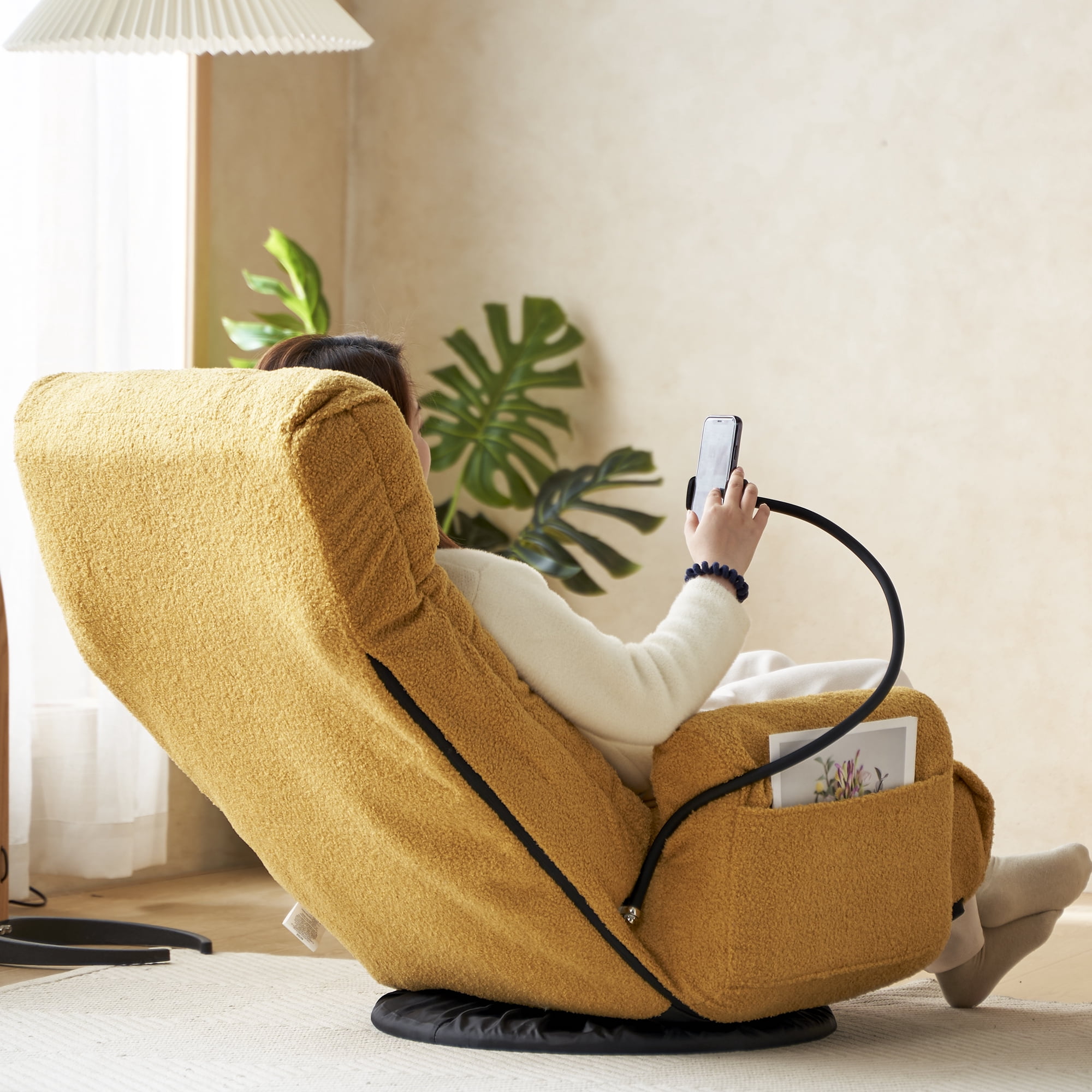 Reclining Chair, Floor Chair, Adjustable Lounge Chair with 5-Position Backrest, Built-in Spring Seat and 360-Degree Swivel Base, Foldable Design, Yellow