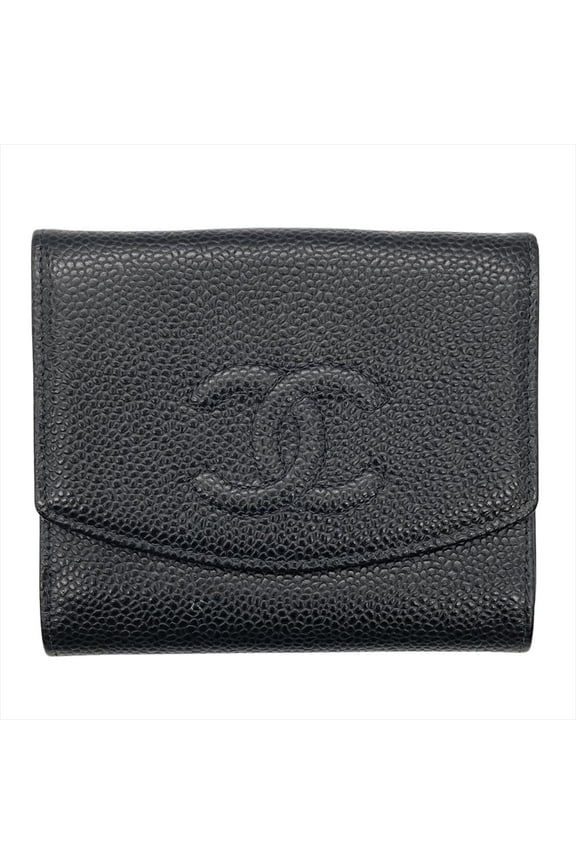 Pre-Owned CHANEL Coco Mark Double-Hook Bifold Wallet, Caviar Skin, Black, A13496,... (Good)