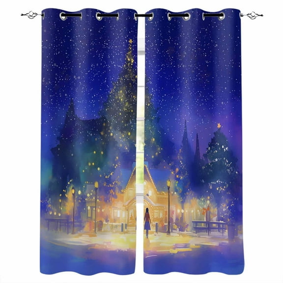 Hokiten Christmas Blackout Curtains | Light Blocking Print Window Curtains, Purple Blue Xmas Tree Snowflake Thermal Insulated Window Drapes for Living Room Kitchen Cafe (2 Panels, 55"W x 39"L)