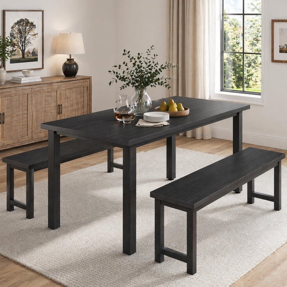 UHOMEPRO Dining Table Set for 4, Kitchen Table with 2 Benches, Modern Dining Room Table Set with Metal Frame, Breakfast Nook Furniture Set for Home Cafeteria Bar Kitchen, Black