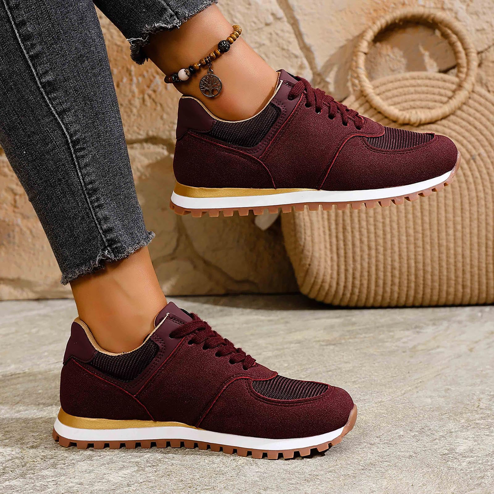Dakaela Womens Fashion Sneakers 2025 Suede Classic Tennis Running Shoes Lace up Non Slip Trainer Walking Shoes Wine 9.5