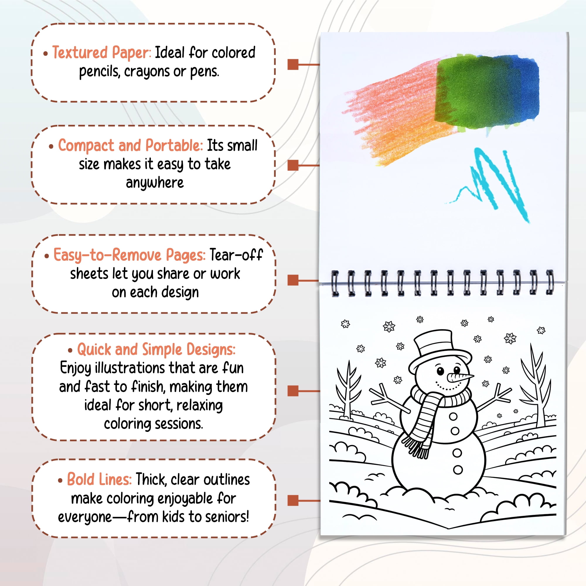 Holiday Themes Coloring Book Spiral Bound for Adult, Pack 6, 3.5” x 3.5” Pocket Size, 40 Coloring Pages Stress & Anxiety Relief, Travel for Women Men