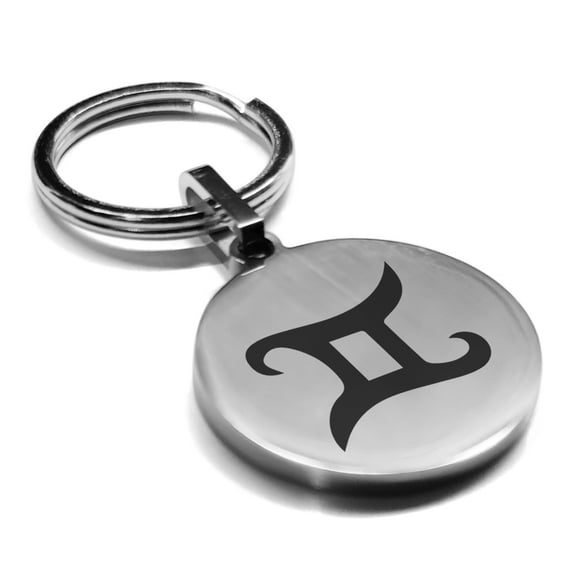 Stainless Steel Gemini Zodiac Sign (Twins) Round Medallion Keychain Circle Ring