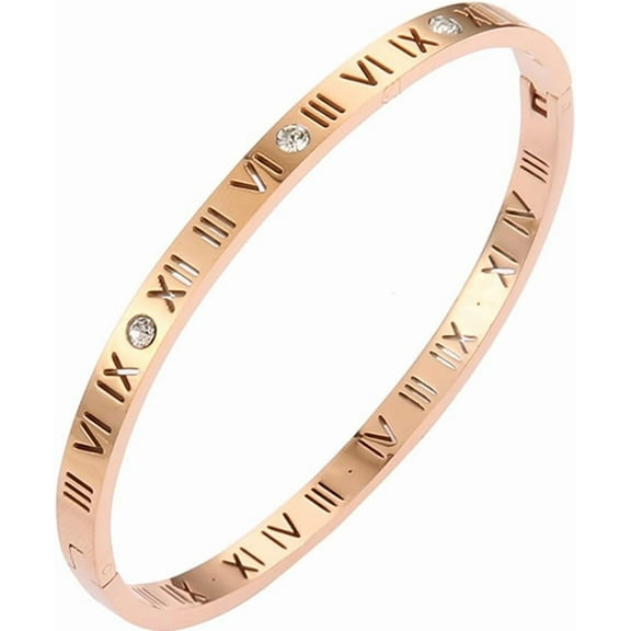 4mm Stainless Steel Open Clasp Roman Numbers Cubic Zircon Filled Bangle Bracelet