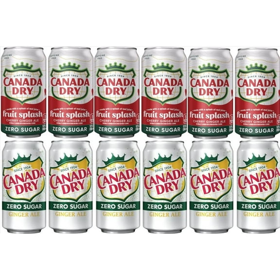Canada Dry Zero Sugar Ginger Ale and Zero Sugar Cherry Ginger Ale Fruit Splash, 12 Pack, 12 fl oz Cans (6 of each flavor)