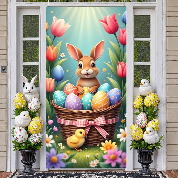 Cute Easter Banner Floral Welcome Display Colorful Bunny Spring Background for Easter Party Spring Decoration Family Gathering