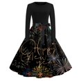 thumbnail image 3 of Women's Casual Dress Long Sleeve Round Neck New Year Printed Vintage Loose Fit Midi Dress for Spring Fall Holiday,Black,L, 3 of 7