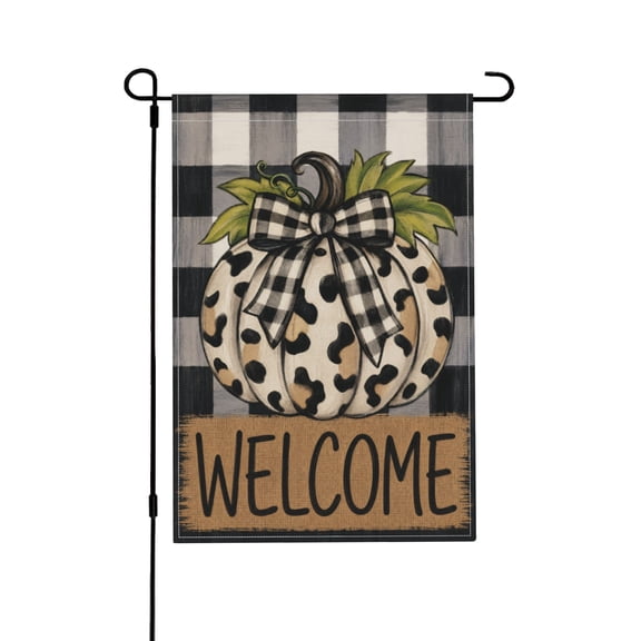 Welcome Fall Burlap Garden Flag With Leopard Print Pumpkin And Rustic Buffalo Plaid For Outdoor Thanksgiving Yard Decor 12x18 in