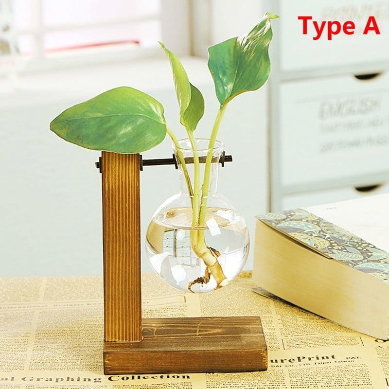 Glass Hydroponic Plant Vase Holder Container Flower Pot Wooden Home Decor 