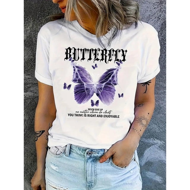 1 Pce T-Shirt Décontracté à Col Rond pour Femmes avec Imprimé Papillon Éclair, Haut à Manches Courtes à la Mode, Tee-Shirt en Polyester Tricoté Confortable pour l'Été avec Étirement Moyen pour la Fête des Pères, Fête des Mères, Nouvel An, Spri
