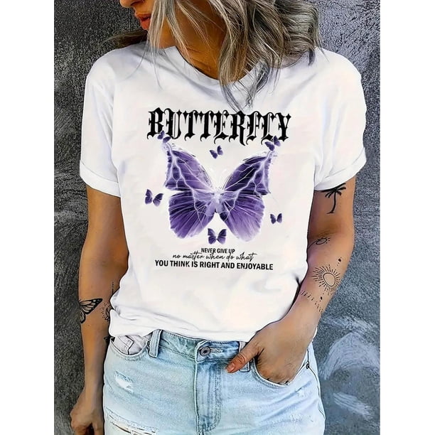 Camiseta De Mujer Verano Casual Mujer Básica Camiseta Para Deportes Callejeros Playa1pc Women'S Casual Crew Neck T-Shirt with Lightning Butterfly Print, Fashionable Short Sleeve Top, Comfortable Sum