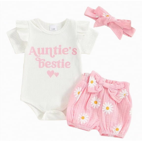 CAICJ98 Aunties Bestie Baby Clothes Girl Newborn Infant Girls Summer Outfit Ruffle Short Sleeve Romper Daisy Shorts Headband Set (Pink,3-6 Months)