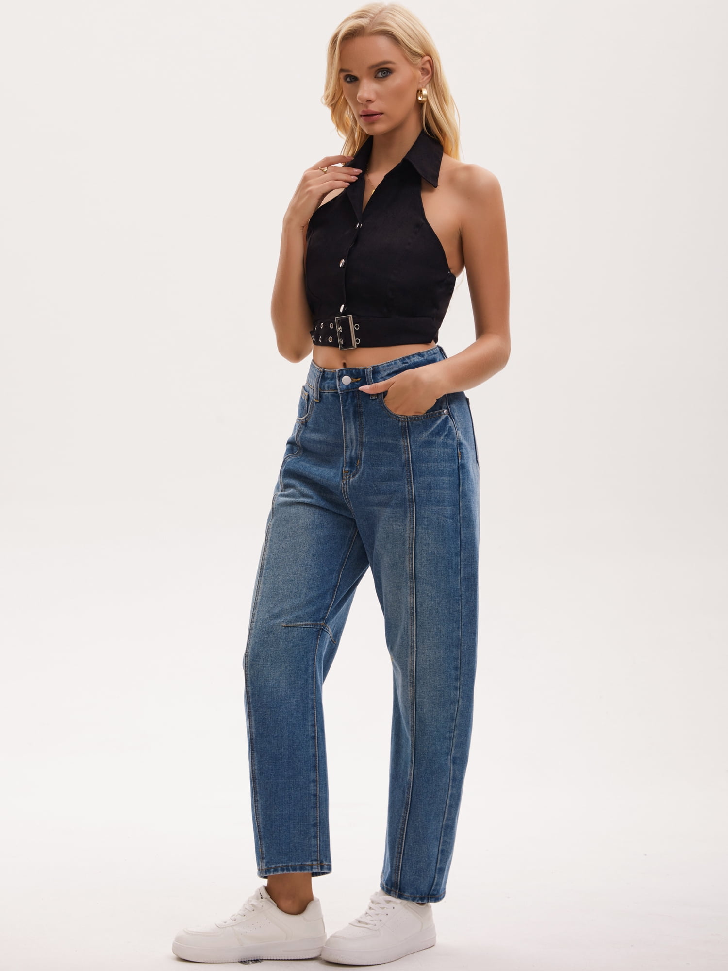DARING DIVA Women's High Waisted Trendy Wide Leg Baggy Denim Pants XL Vintage Blue