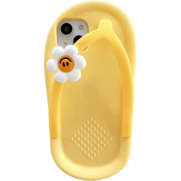 Las fundas para teléfonos Kawaii se aplican al iPhone 13, lindas zapatillas amarillas de dibujos animados con chanclas de flores, funda para teléfono 3D para iPhone 13, protector de silicona suave para mujeres y niñas ER
