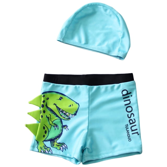 vigerkar Boys 2pcs Swim Trunks Cartoon Dinosaur Beach Boxers with Cap Rashgurad Swimsuit Set UPF 50+ (Light Blue, 3-6 Years)
