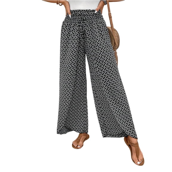 CIENVNSTG Floral Palazzo Boho Flowy Baggy Pants for Women Elastic High Waist Wide Leg Vacation Casual Long Lounge Trendy Trousers Black XL