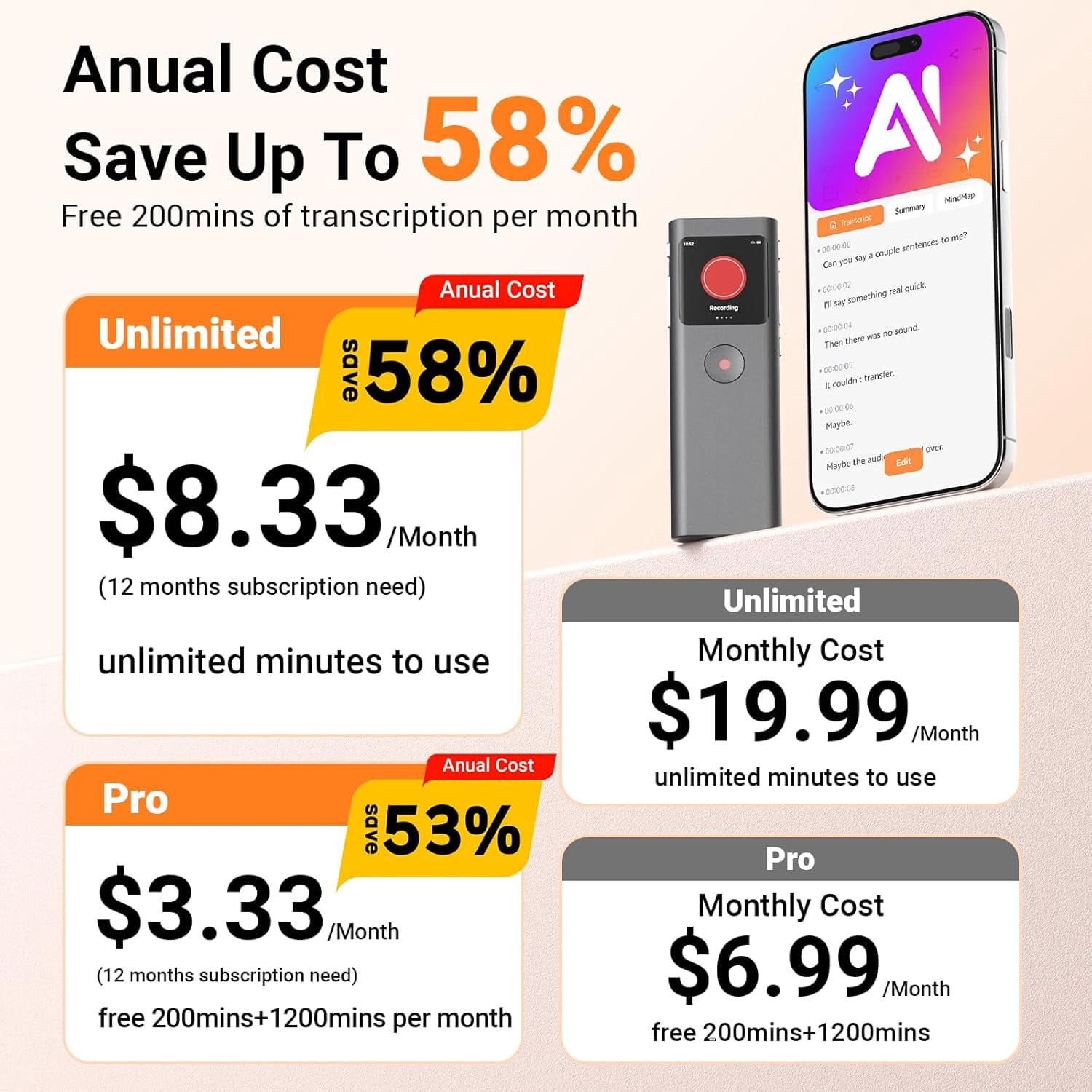 AI Digital Voice Recorder with Transcribe & Summarize, AI Note Taker for Meeting & Lectures, Voice Activated Recorder with Playback, Supports 90+ Languages Recording Device, Portable Tape Recorder