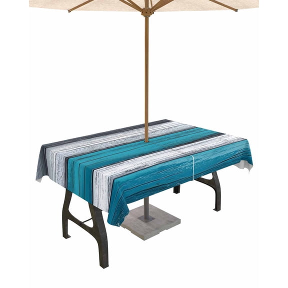 Boanket Outdoor Tablecloth with Umbrella Hole for Patio/Picnic/Party/Camping, Blue Grey Farmhouse Waterproof Table Cloth Rectangle Table Cover Washable, Vintage Wooden (60"x 84")
