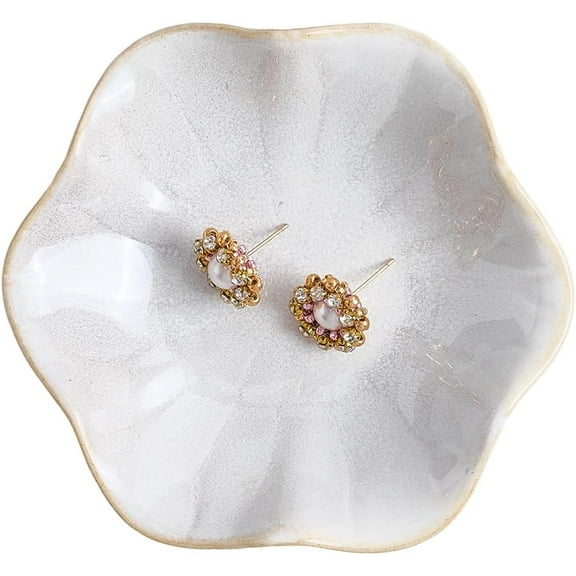 Ceramic Jewelry Dish Ring Tray Trinket Plate Flower Shape Decorative Small Key Bowl Organizing Necklace Earrings Holder for Entryway Table Room Home Decor Linen 4.25 x 1.18 Inch