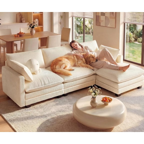 Noelse 110'' Oversized L Shaped Couch for Living Room, Cloud Couches with Washable Corduroy Cover, Modern 4-Seater Comfy Deep-Seat Sofa with Movable Ottoman and 2 Throw Pillows for Apartment, Beige