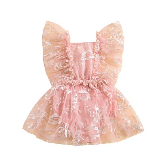 Mevireiy Baby Girls Lace Tulle Romper Dress Leaf Floral Embroidery Sleeveless Bodysuit,Pink,0-3 Months