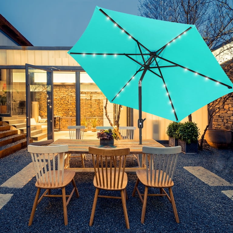 light blue patio umbrella with lights Best Choice Products 10ft 3-Tier Solar w/ 24 LED Lights, Tilt Adjustment, Easy Crank Our umbrella made of polyester fiber which waterproof UV resistant Scafild | 7.5 ft Solar