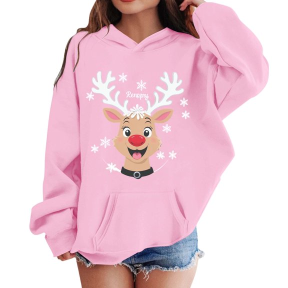 Little Girls Graphic Hoodie Merry Christmas Print Hooded Sweatshirt Festive Pullover Top Fall Fashion Clothing Size 7-8T ,Pink