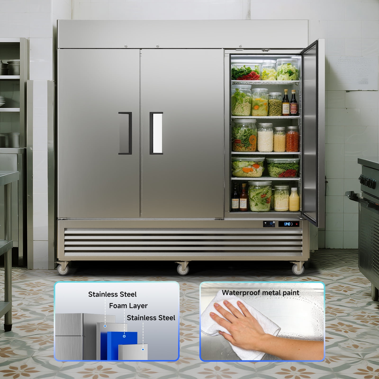 VEECOOL 72 cu.ft Commercial Refrigerator WiFi-Enabled, 82" Two Section Full Door Stainless Steel Reach in Refrigerator, Stainless Steel, App and Digital Control, R290 Refrigerant, ETL&ETL Sanitation
